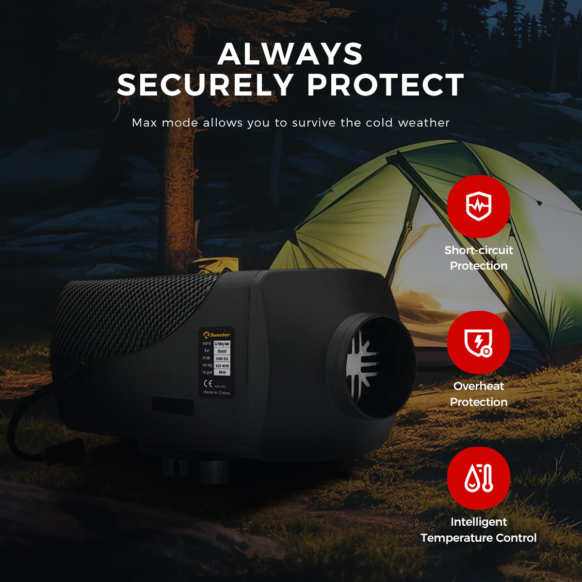 Sunster A2302BS 8 kW dieselfyr – splitmodel med Bluetooth