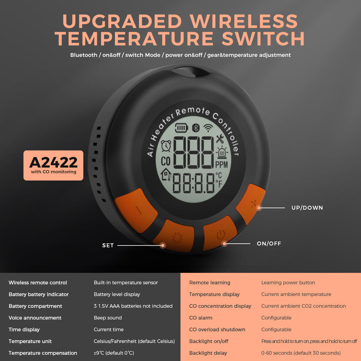 Sunster S-A2422 trådløs temperaturstyring med CO-alarm