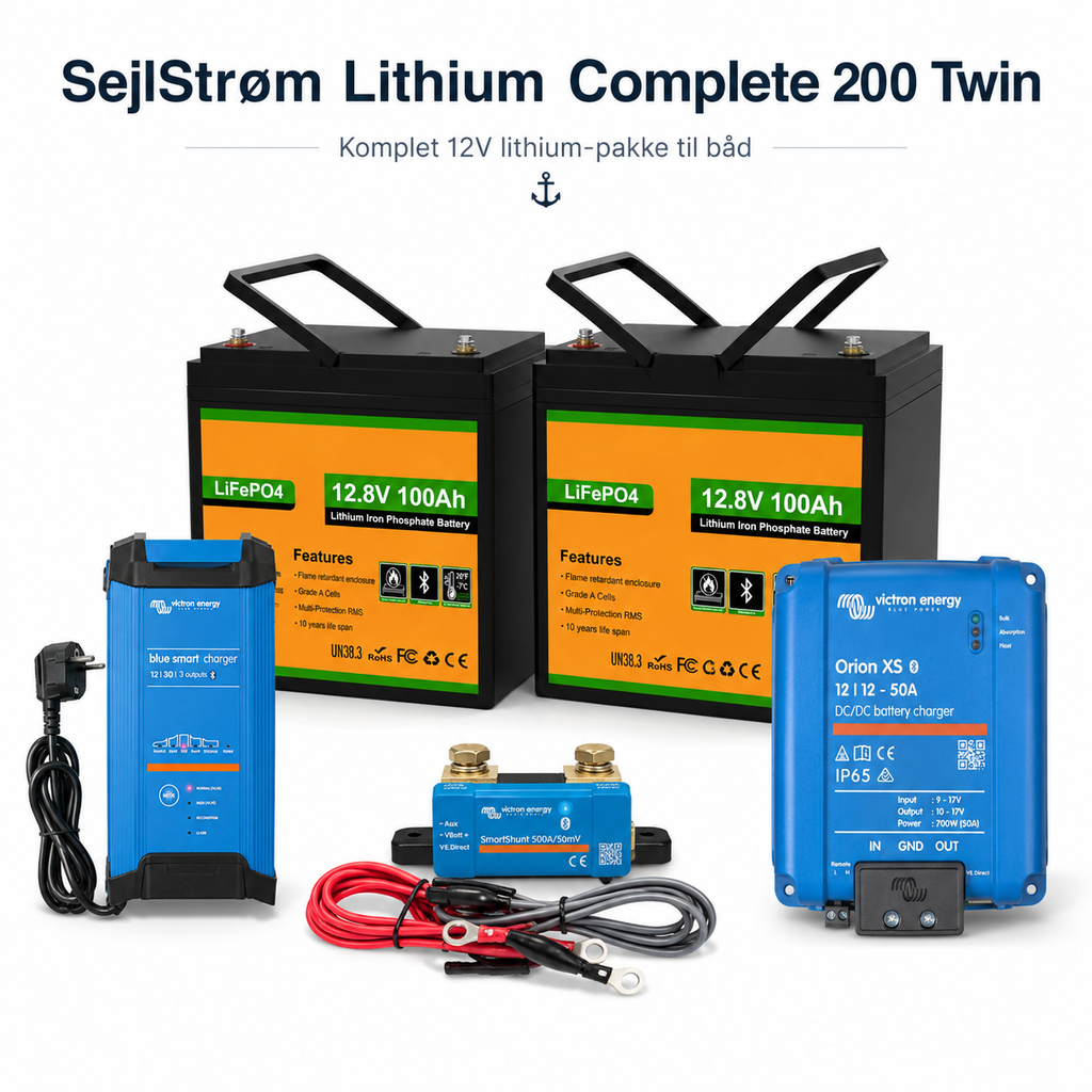 SejlStrøm Lithium Complete 200 Twin – komplet 12V 200Ah LiFePO4-pakke til båd – produktfoto | SejlStrøm
