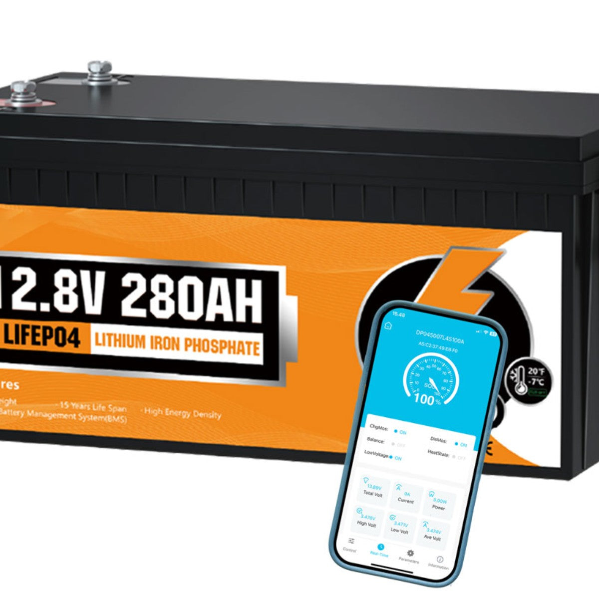 12V 280Ah LiFePO4 batteri med 200A BMS og Bluetooth-app