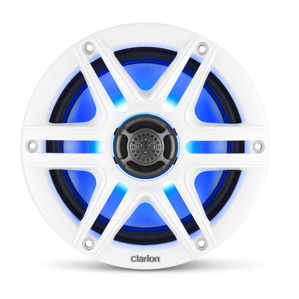 Garmin Clarion® CMS marinehøjttalere, 6,5" med LED og med Hvide og Sorte Sport Gitre (CMS-651RGB-SWB) – officielt Garmin produktbillede