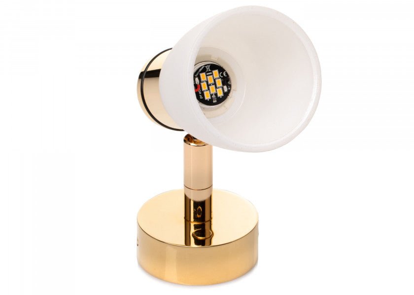 PREBIT R1 - 1 LED - påbygningslampe / poleret guld, kridhvidt glas - SejlStrøm