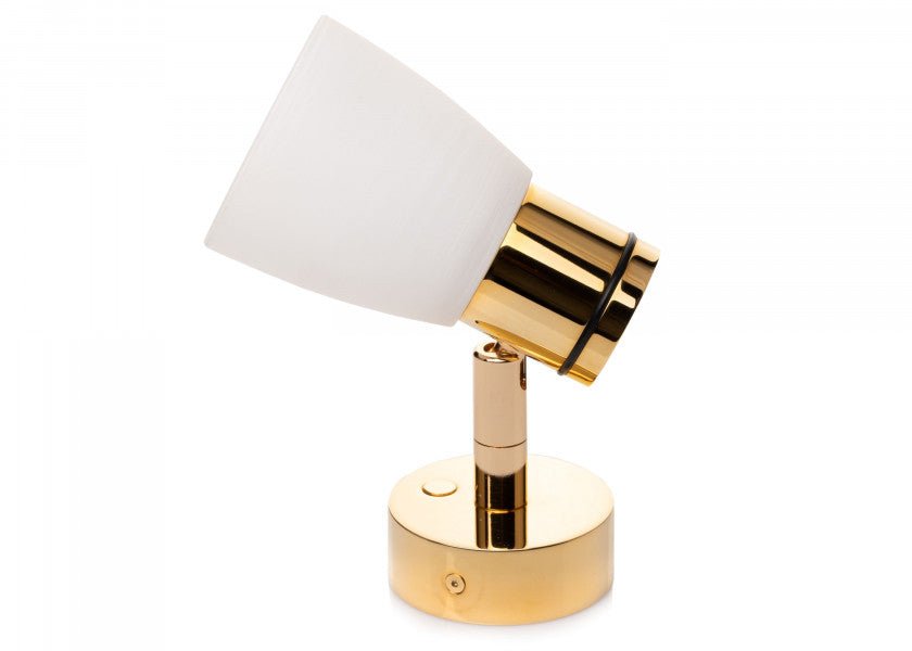 PREBIT R1 - 1 LED - påbygningslampe / poleret guld, kridhvidt glas - SejlStrøm