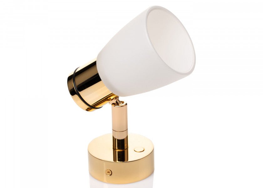 PREBIT R1 - 1 LED - påbygningslampe / poleret guld, satinhvidt glas - SejlStrøm