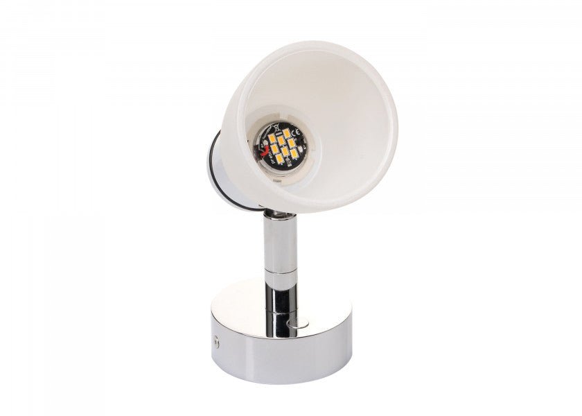 PREBIT R1 - 1 LED - påbygningslampe / poleret krom, kridhvidt glas - SejlStrøm