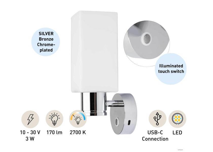 SEATEC Kvadratisk LED - væglampe / med berøringskontakt og USB - C - opladningsstik - SejlStrøm