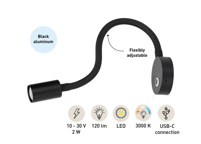 SEATEC LED - læselampe med lysdæmper og USB - C / sort / varm hvid - SejlStrøm