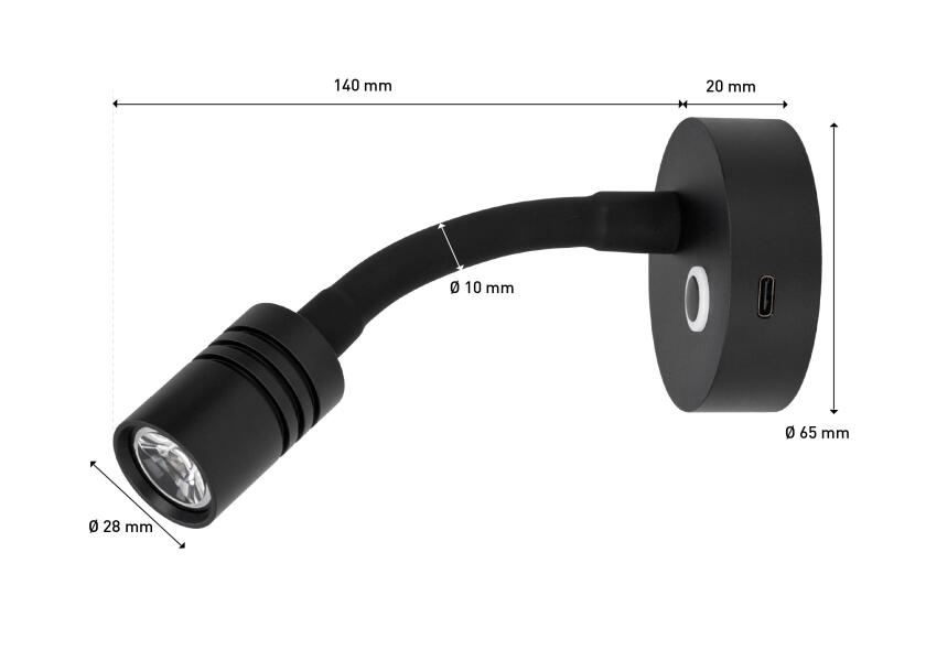SEATEC LED - læselampe med lysdæmper og USB - C / sort / varm hvid - SejlStrøm