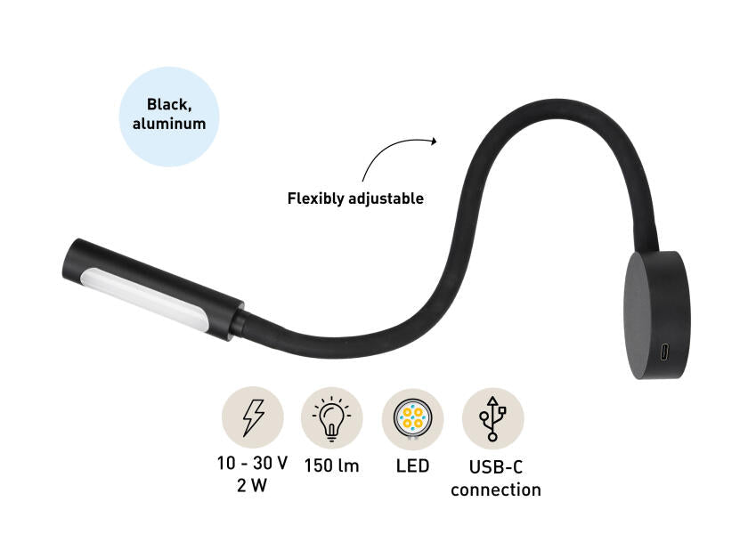 SEATEC LED - læselampe med lysdæmper og USB - C / sort / varm hvid / rød - SejlStrøm