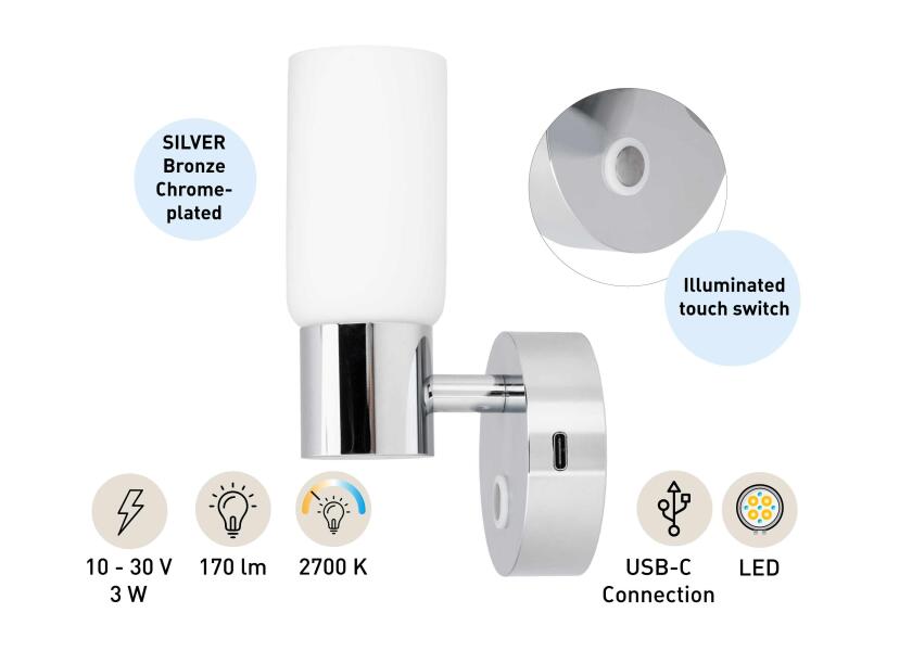 SEATEC LED - væglampe med berøringskontakt og USB - C - opladningsport - SejlStrøm