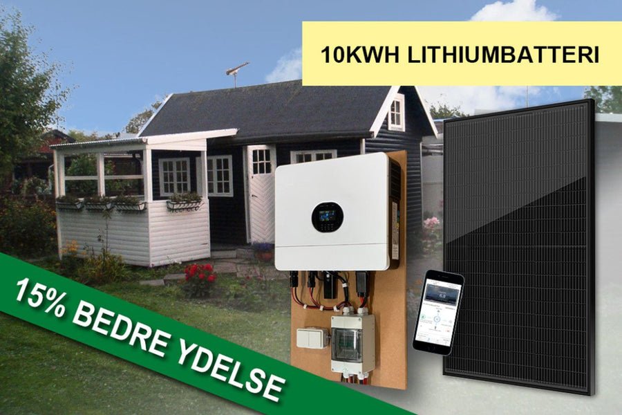 Solcelleanlæg til kolonihavehus – 11–18 kWh/dag med 10 kWh lithium batteri og 6000 W inverter