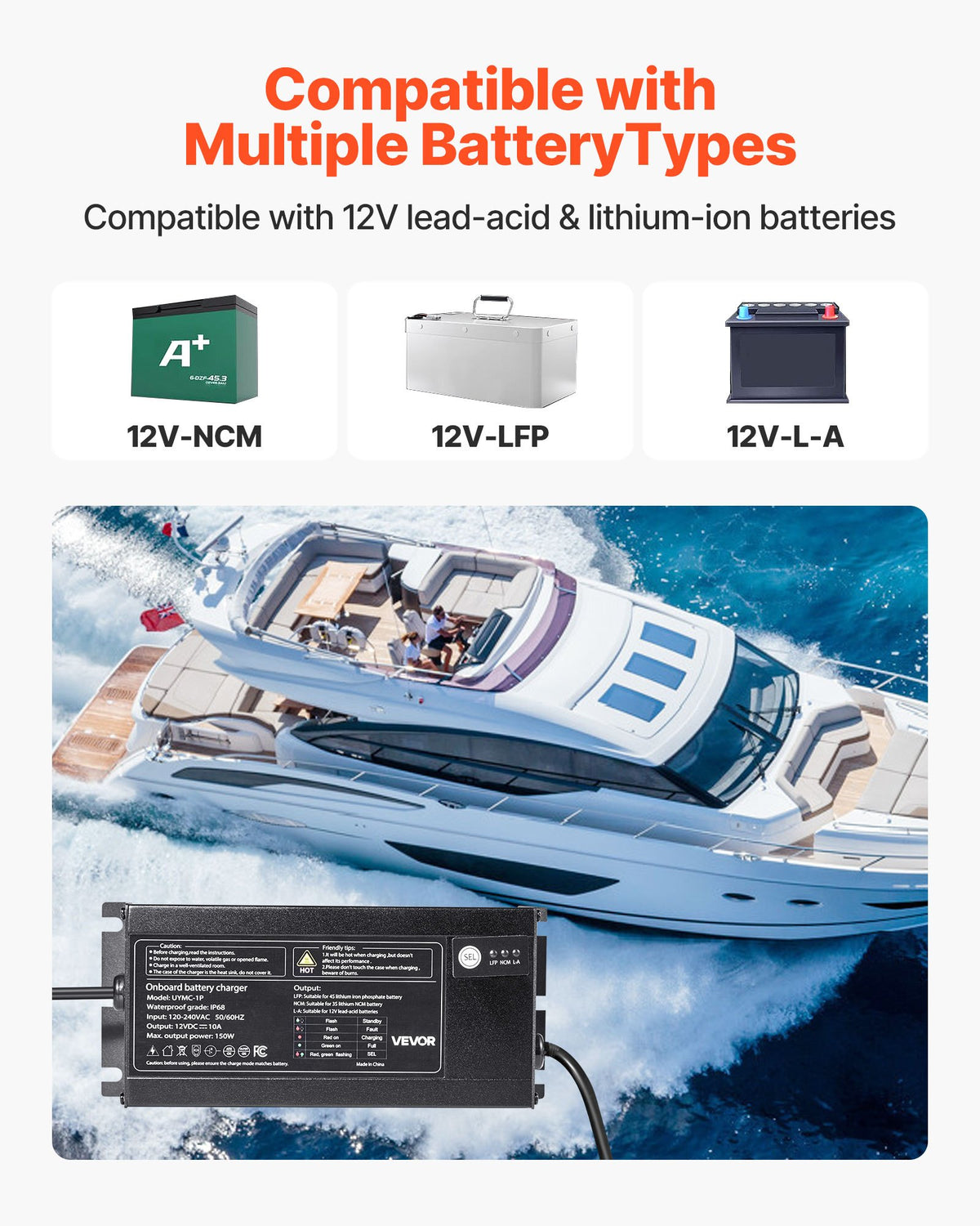 VEVOR IP68 marinebatterilader – 1 bank á 10 A / 12 V – detaljebillede 3