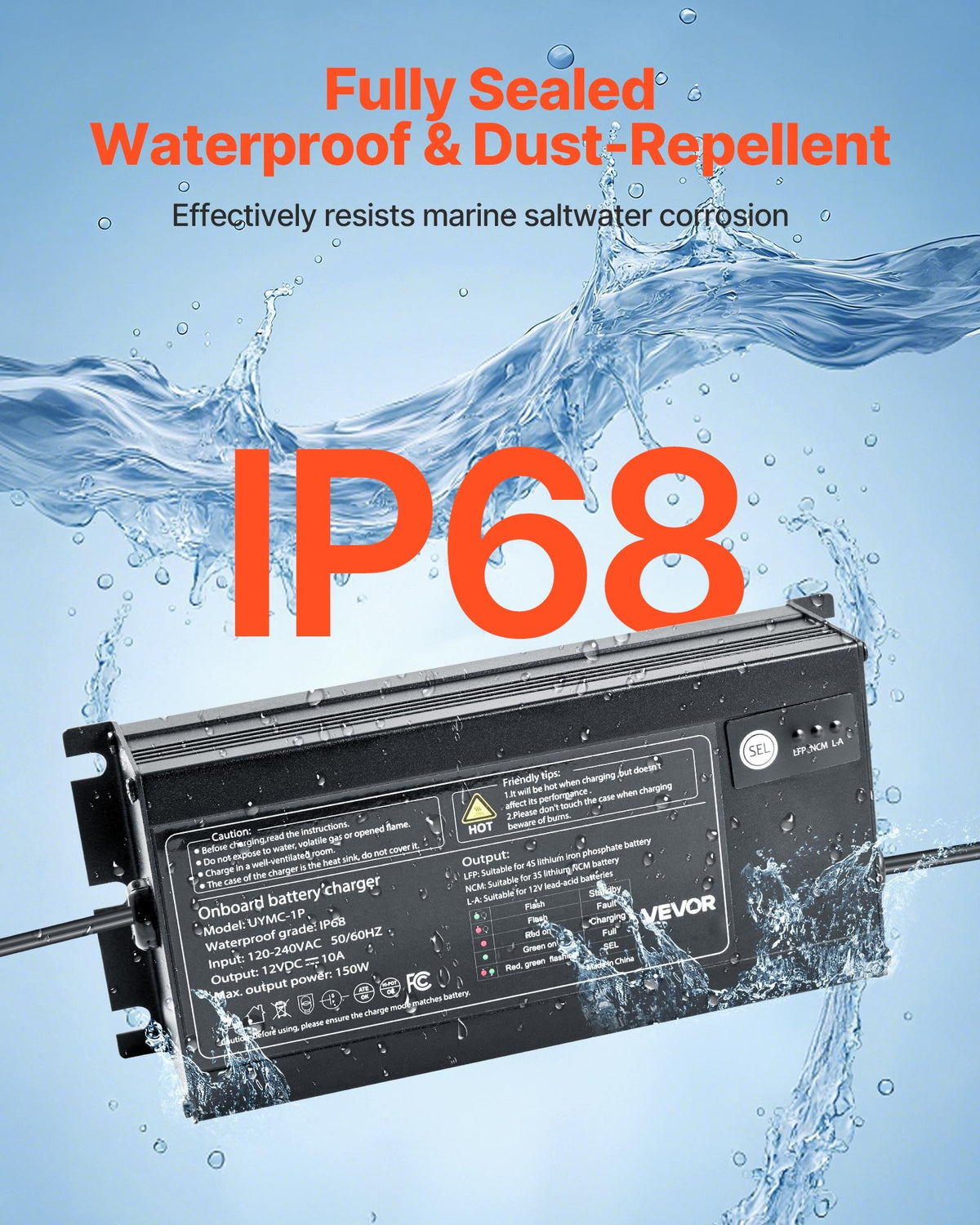 VEVOR IP68 marinebatterilader – 1 bank á 10 A / 12 V – detaljebillede 4