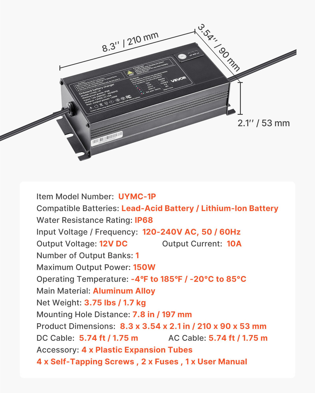 VEVOR IP68 marinebatterilader – 1 bank á 10 A / 12 V – detaljebillede 8