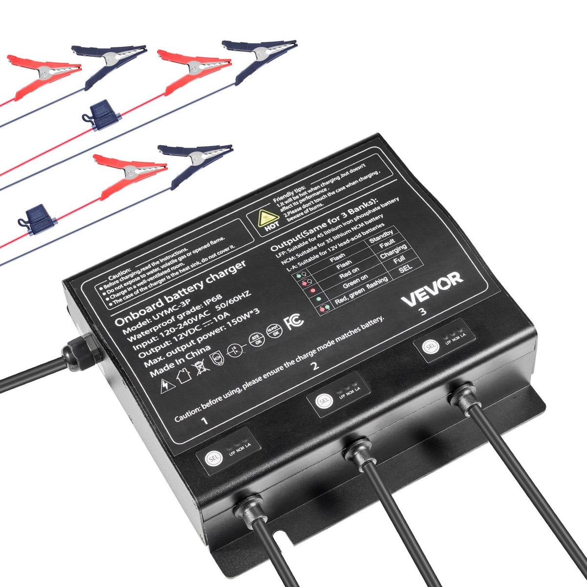 VEVOR IP68 marinebatterilader – 3 banke á 10 A / 12 V – officielt VEVOR produktbillede