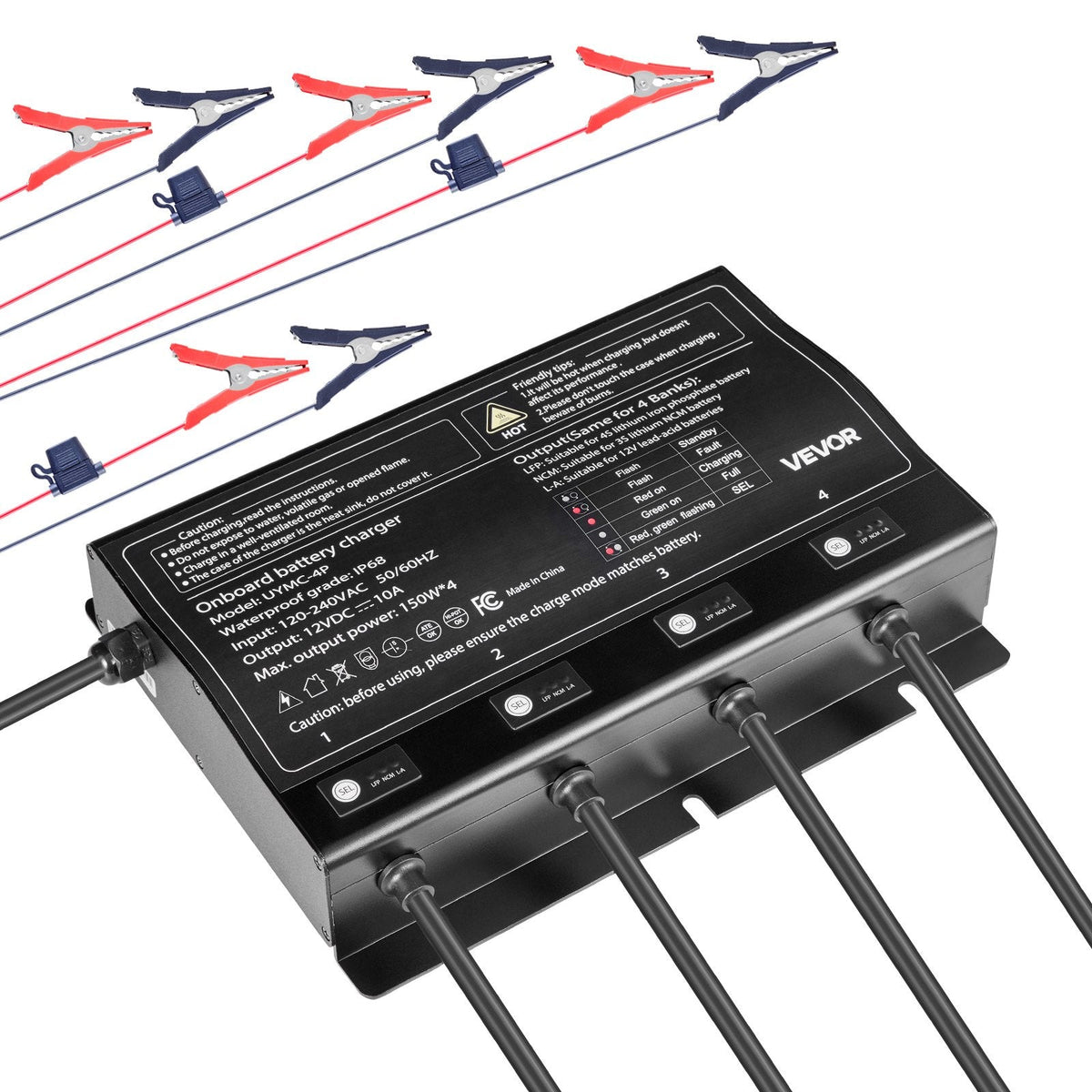 VEVOR IP68 marinebatterilader – 4 banke á 10 A / 12 V – officielt VEVOR produktbillede