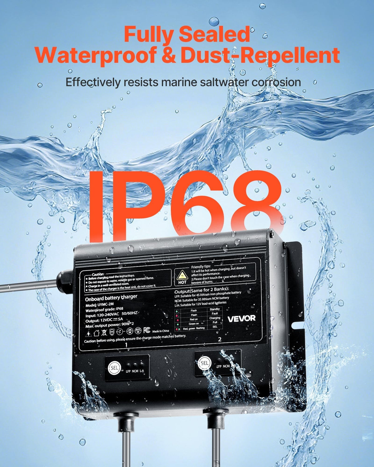 VEVOR IP68 marinebatterilader – 2 banke á 5 A / 12 V – detaljebillede 4