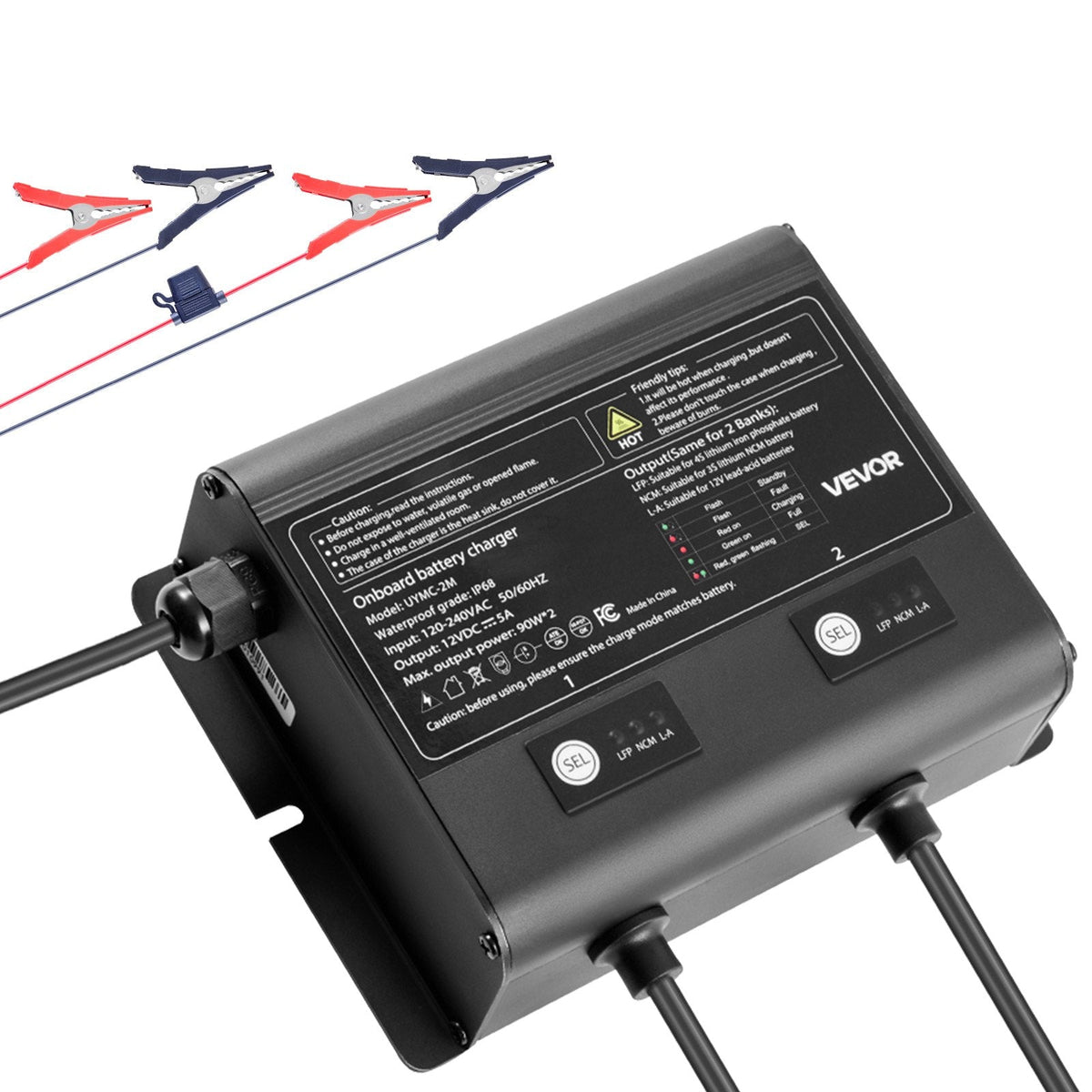 VEVOR IP68 marinebatterilader – 2 banke á 5 A / 12 V – officielt VEVOR produktbillede