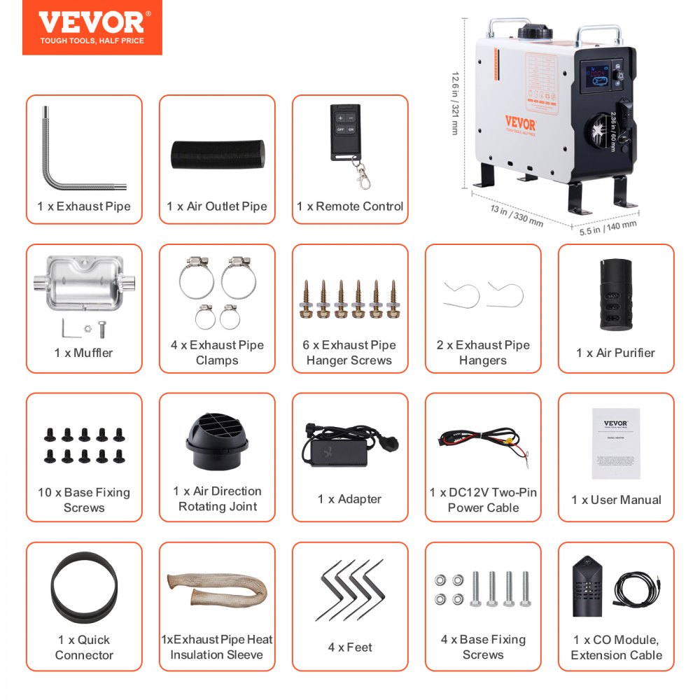 VEVOR dieselvarmer 2 kW 12/24 V – alt-i-én med Bluetooth og CO-alarm – billede 7