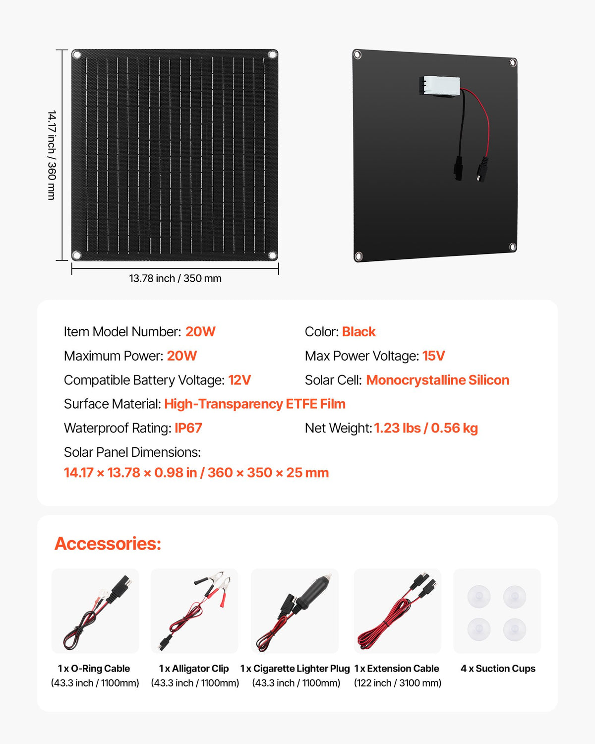 VEVOR 20 W solcelle-vedligeholdelseslader til 12 V batteri – detaljebillede 8
