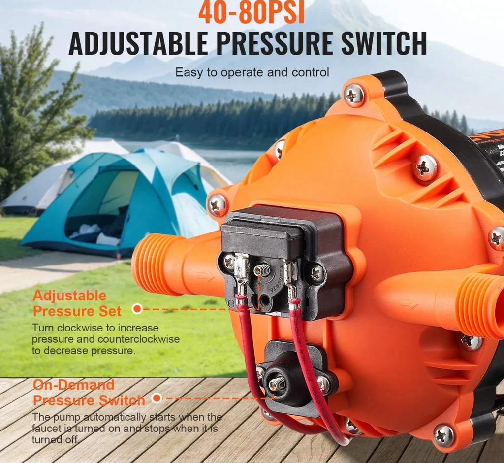 VEVOR 12 V membran vandpumpe – 18,93 L/min med automatisk trykafbryder, 40 - 100 PSI - SejlStrøm
