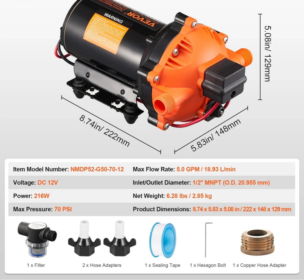 VEVOR 12 V membran vandpumpe – 18,93 L/min med automatisk trykafbryder, 40 - 100 PSI - SejlStrøm