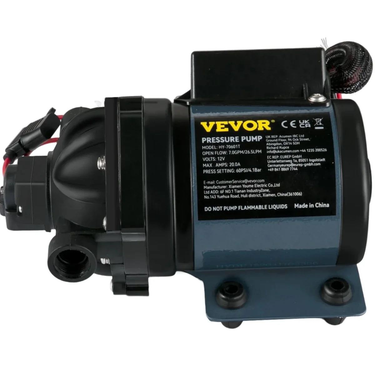 VEVOR 12 V Washdown Vandpumpe – 7 GPM / 26 L/min – 60 PSI Selvansugende Trykpumpe til RV, Marine & Camping - CamperStrøm