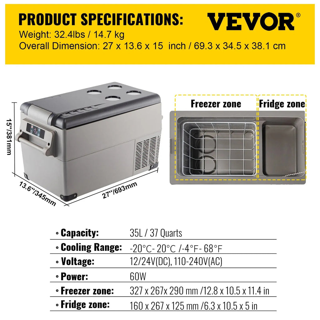VEVOR 35L Bærbar Kompressor Køleboks 12V / 24V / 230V – Til Bil, Båd & Camping - SejlStrøm